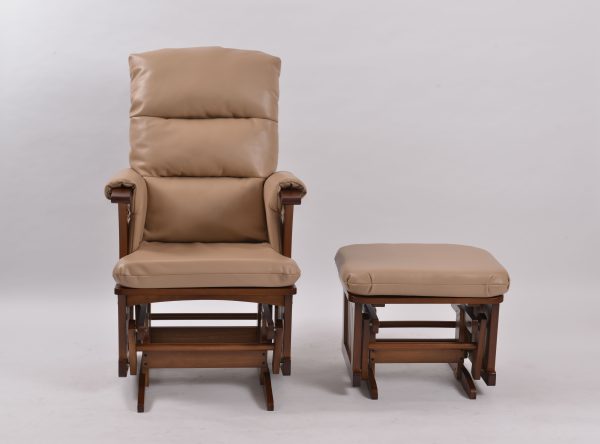 Beige Nursery Glider Chair and Ottoman Beige high-back nursery glider chair with brown wooden ottoman