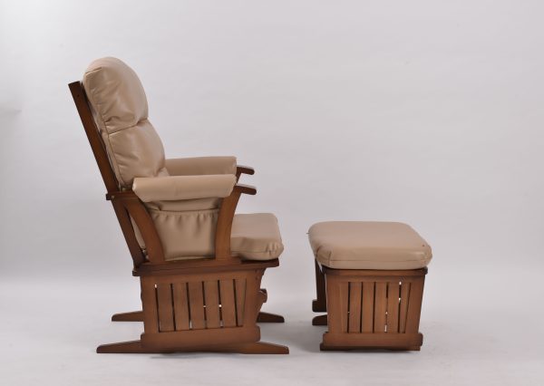 Padded Wooden Nursery Glider Angled view of padded wooden nursery glider chair and matching ottoman
