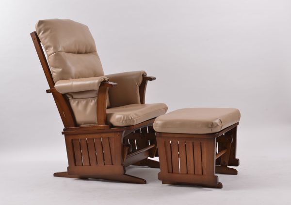 Wooden Glider Chair Side View Side view of wooden glider chair with ottoman and padded upholstery