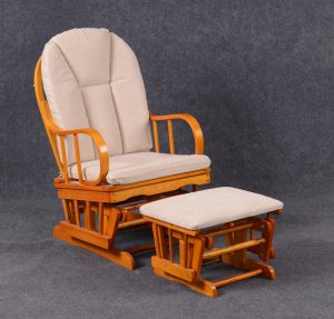 Wooden nursery glider chair with natural frame and matching ottoman