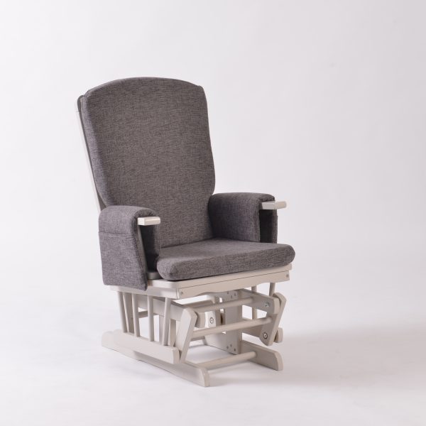 Gray kids glider chair for ages 4+ with upholstered high back and wooden gliding base