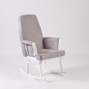 Nursing Glider Rocking Chair showing high fixed back and gentle wooden rocking base