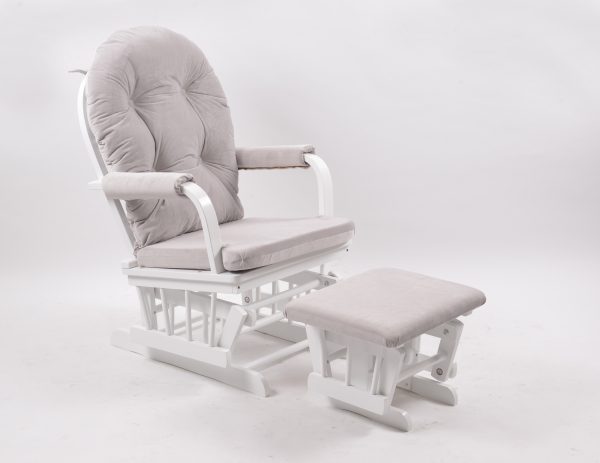 White Wooden Nursery Glider Chair White padded wooden glider chair and ottoman for nursery