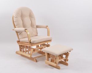 Padded Wooden Glider Chair with Ottoman Padded wooden glider chair with matching ottoman and natural wood finish