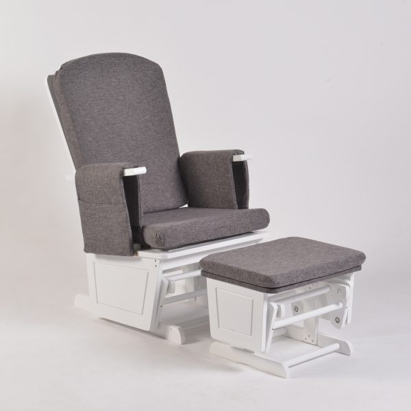Adjustable Glider Chair with Ottoman – Gray Upholstery Adjustable glider chair with gray upholstery, white wooden frame and matching ottoman