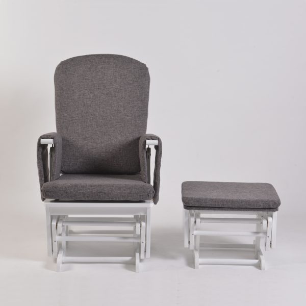 Wooden Adjustable Glider Chair – Natural Finish Wooden adjustable glider chair with cream upholstery, natural wood frame and matching ottoman