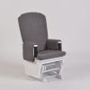 Kids glider chair with gray padded high back, cushioned armrests and white wooden frame