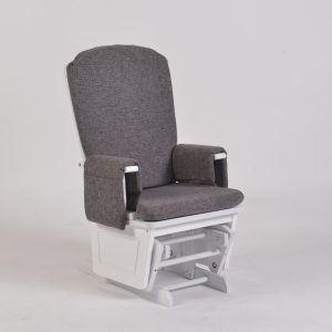 Kids Glider Chair – Padded Wooden Child Glider Kids glider chair with gray padded high back, cushioned armrests and white wooden frame
