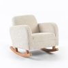 Kids Sofa Rocking Chair – Rear Angle View Rear angled view of upholstered kids sofa rocking chair with cream textured fabric and wooden rockers