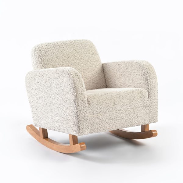 Kids Sofa Rocking Chair – Rear Angle View Rear angled view of upholstered kids sofa rocking chair with cream textured fabric and wooden rockers