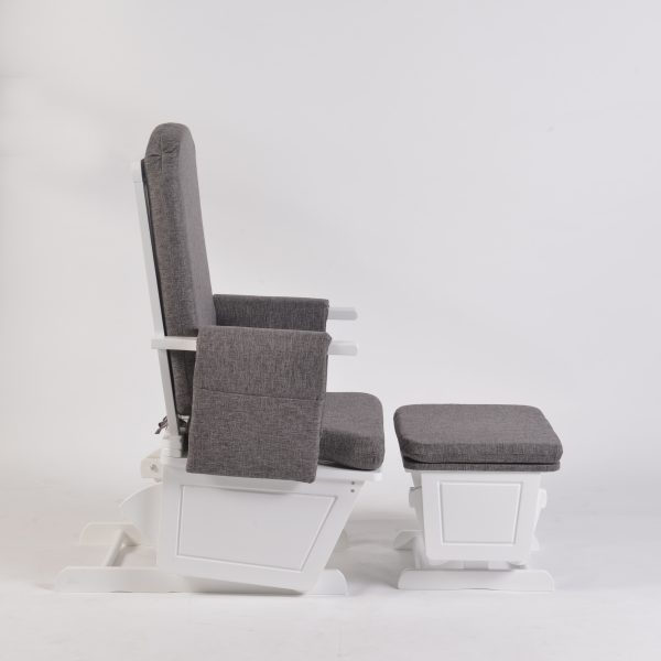Adjustable Glider Chair – Upright Backrest Position Side view of adjustable glider chair showing the backrest in a more upright position with matching ottoman