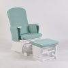 Adjustable Nursery Glider – Mint Green Upholstery Adjustable nursery glider with mint green upholstery, white wooden frame and matching ottoman