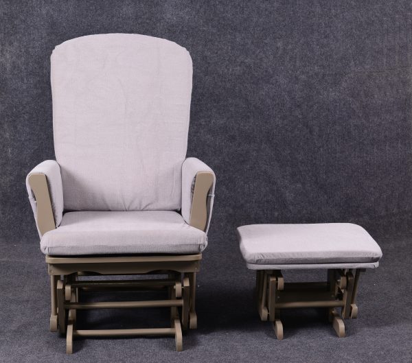 Front view of padded wooden nursery glider chair with high back and matching footrest