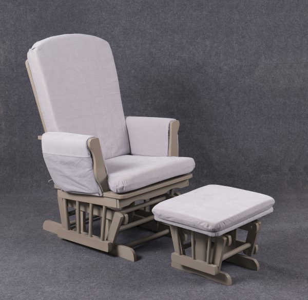 Padded nursery glider chair with wooden frame and matching upholstered ottoman