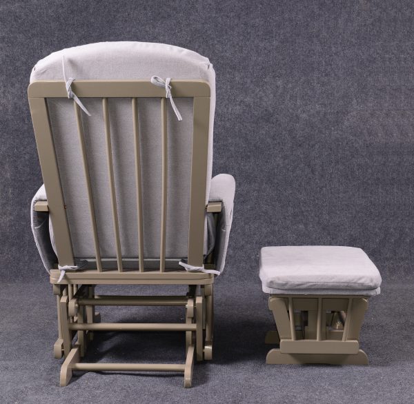 Back view of wooden nursery glider showing the exposed wooden frame and matching ottoman