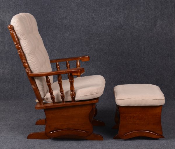 Classic Nursery Glider and Ottoman Side View Side view of classic wooden nursery glider chair and ottoman