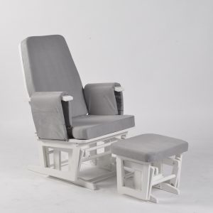 Adjustable Nursery Glider with Ottoman – Reclining Backrest Adjustable nursery glider with reclining padded backrest and matching ottoman