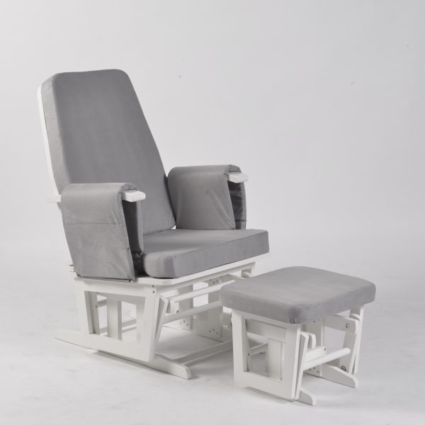 Adjustable Nursery Glider with Ottoman – Reclining Backrest Adjustable nursery glider with reclining padded backrest and matching ottoman
