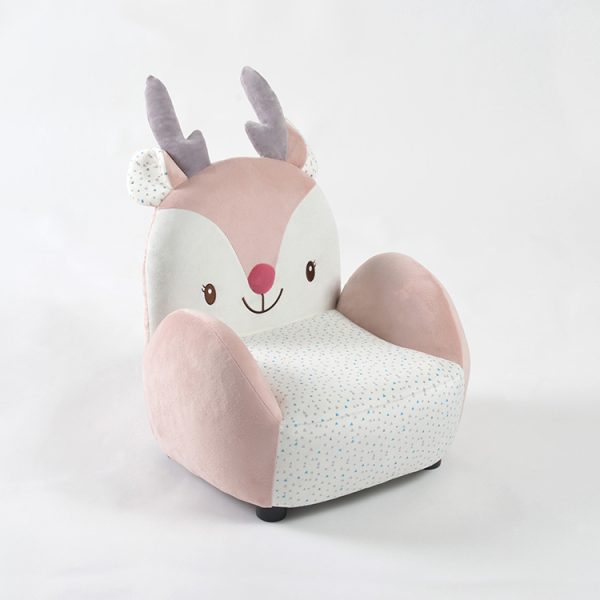Angled view of deer Kids Sofa with soft pink armrests and patterned upholstered seat