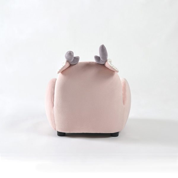 Back view of pink deer children's sofa with soft antlers, ears and compact feet