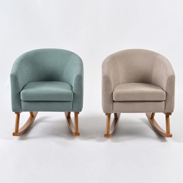 Upholstered Kids Rocking Chairs – Green and Beige Green and beige upholstered kids rocking chairs with curved wooden rockers