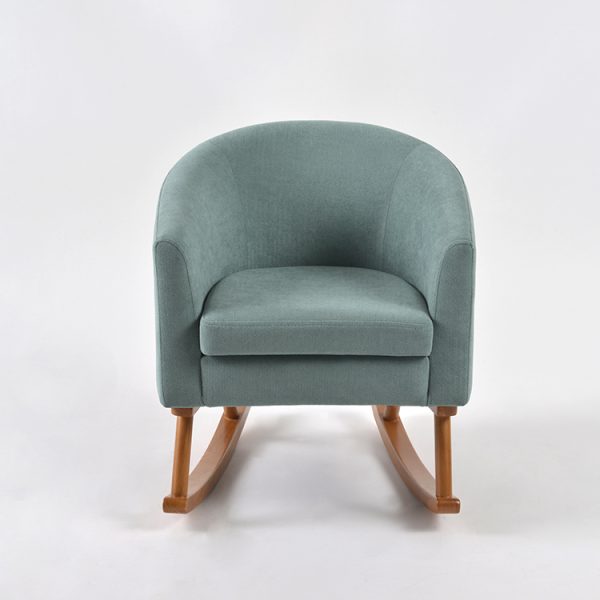 Green Kids Rocking Chair – Front View Green kids rocking chair with upholstered seat, curved backrest and wooden rockers