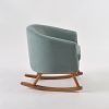 Green Kids Rocker Chair – Side View Side view of green kids rocker chair showing wraparound upholstered back and wooden rails