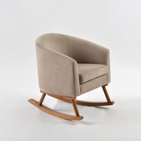Beige Upholstered Kids Rocking Chair Beige upholstered kids rocking chair with wraparound backrest and wooden rocking base