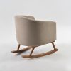 Kids Rocking Chair with Wooden Rockers – Side View Side view of beige kids rocking chair showing upholstered backrest and curved wooden rockers