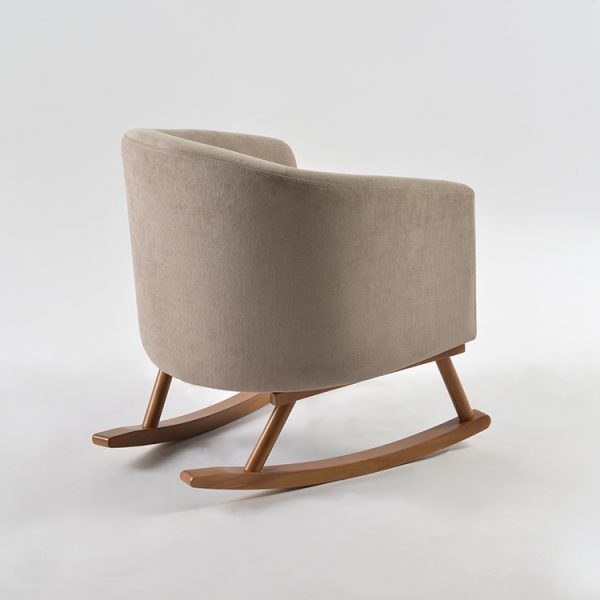 Kids Rocking Chair with Wooden Rockers – Side View Side view of beige kids rocking chair showing upholstered backrest and curved wooden rockers