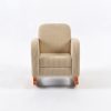 Front view of beige corduroy Convertible Baby Rocking Chair with padded armrests and wooden rocker base