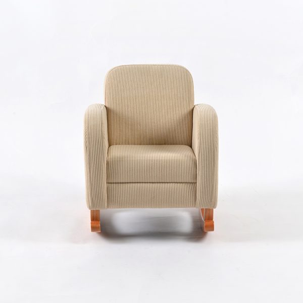 Front view of beige corduroy Convertible Baby Rocking Chair with padded armrests and wooden rocker base