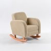 Beige corduroy baby rocking chair with curved wooden rockers shown from a front angled view