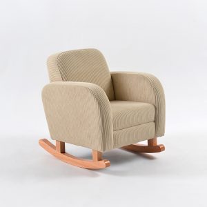 Beige corduroy baby rocking chair with curved wooden rockers shown from a front angled view