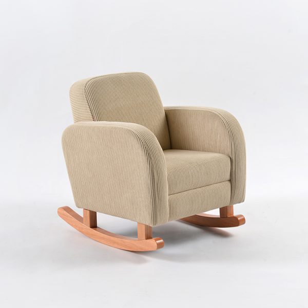 Beige corduroy baby rocking chair with curved wooden rockers shown from a front angled view
