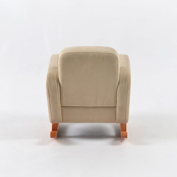 Rear view of convertible baby rocking chair showing padded backrest, corduroy upholstery and wooden rocker base
