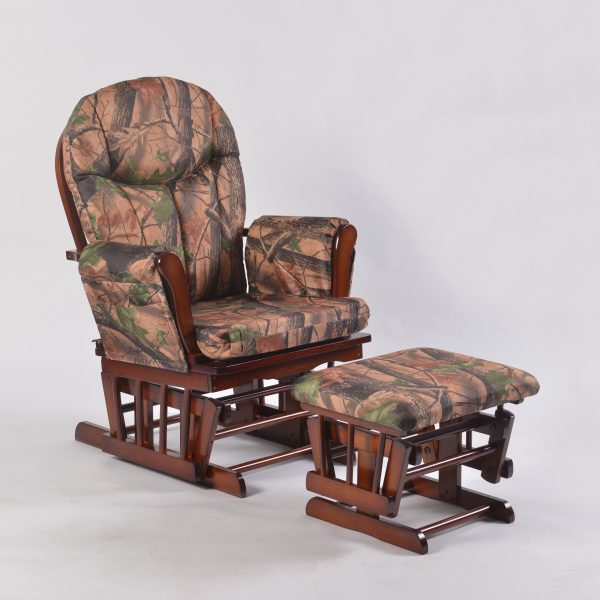 Wooden Nursery Glider Chair Set Wooden nursery glider chair and ottoman with custom patterned upholstery