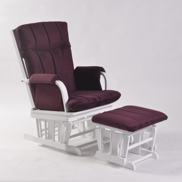 Nursery Glider Chair with Ottoman in burgundy upholstery and white wood frame