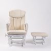 High Back Nursery Glider with Ottoman – Front View Front view of high back nursery glider with gray padded upholstery and matching ottoman