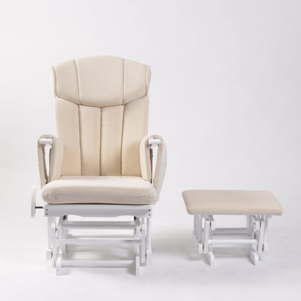 High Back Nursery Glider with Ottoman – Front View Front view of high back nursery glider with gray padded upholstery and matching ottoman