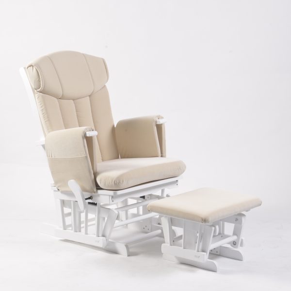 High Back Nursery Glider with Ottoman – Angled View High back nursery glider with gray upholstery, white wooden frame and matching ottoman