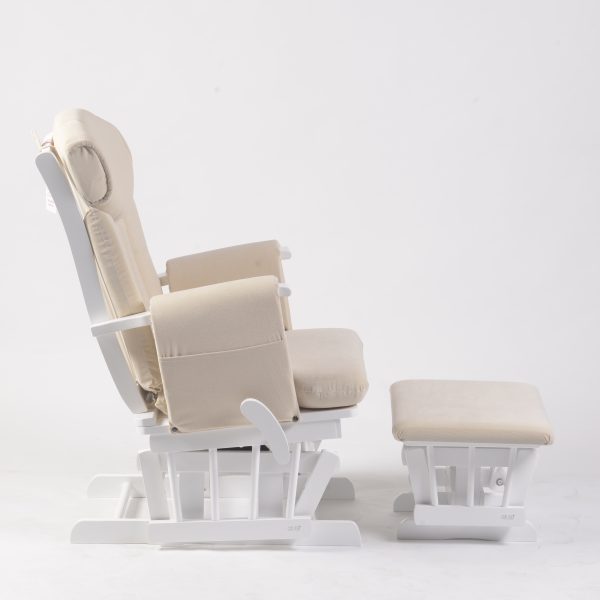Padded Nursery Glider Chair – Side View Side view of padded nursery glider chair with high back and matching gliding ottoman