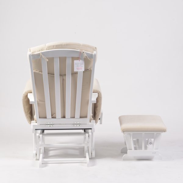 Wooden Nursery Glider Chair – Rear View Rear view of nursery glider chair showing white wooden frame and matching ottoman