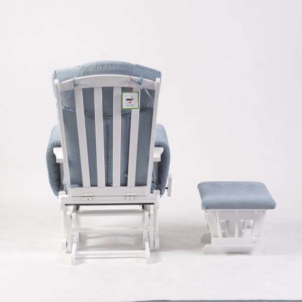 Wooden Nursery Glider Chair – Rear View Rear view of nursery glider chair showing white wooden frame and matching ottoman