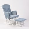 High Back Nursery Glider with Ottoman – Angled View High back nursery glider with gray upholstery, white wooden frame and matching ottoman