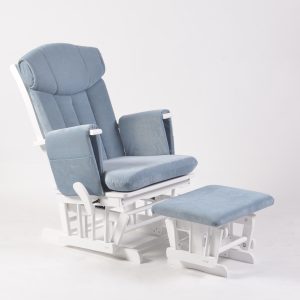 High back nursery glider with gray upholstery, white wooden frame and matching ottoman