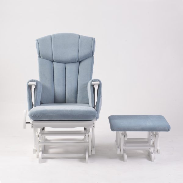 High Back Nursery Glider with Ottoman – Front View Front view of high back nursery glider with gray padded upholstery and matching ottoman