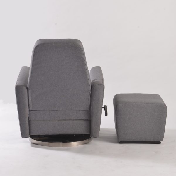 Back view of swivel nursery glider with ottoman and metal base
