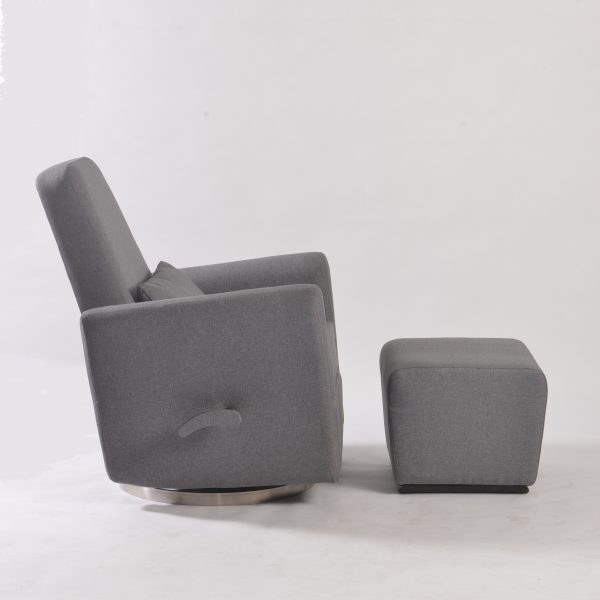 Side view of swivel nursery glider with ottoman and recline control