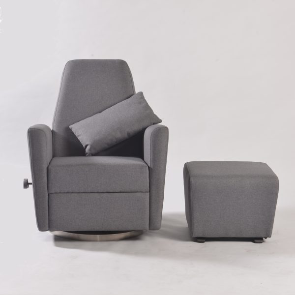 Swivel nursery glider with ottoman, padded arms and lumbar pillow